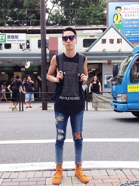 「UNIF（ユニフ）のアイテム（シューズ）」を使った、barcahongさん（メンズ・170cm）の夏コーディネート