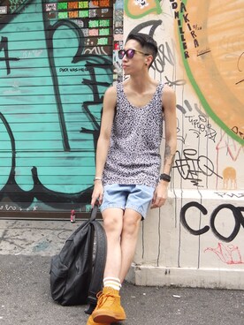 「UNIF（ユニフ）のアイテム（シューズ）」を使った、barcahongさん（メンズ・170cm）の夏コーディネート
