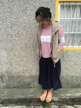 「アイテム（ビーチサンダル、オレンジ系）」を使った、feiさん（レディース・155cm）の冬コーディネート