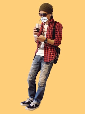 「赤チェック」｜Soknさん（メンズ・168cm）の秋コーディネート
