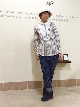 「Ne-net（ネネット）のネルストライプ②（シャツ/ブラウス）」を使った、ぷちこさん（レディース・152cm）の秋コーディネート