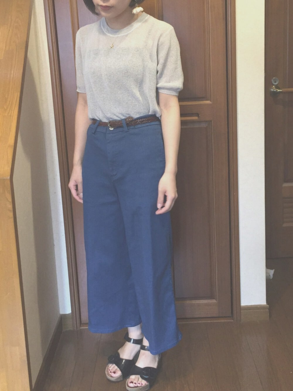 「ワイドパンツ、厚底サンダル、150cm」｜「ZARAのアイテム（デニムパンツ、ブルー系）」を使った、sayoさん（レディース・150cm）の夏コーディネートの1枚目の写真