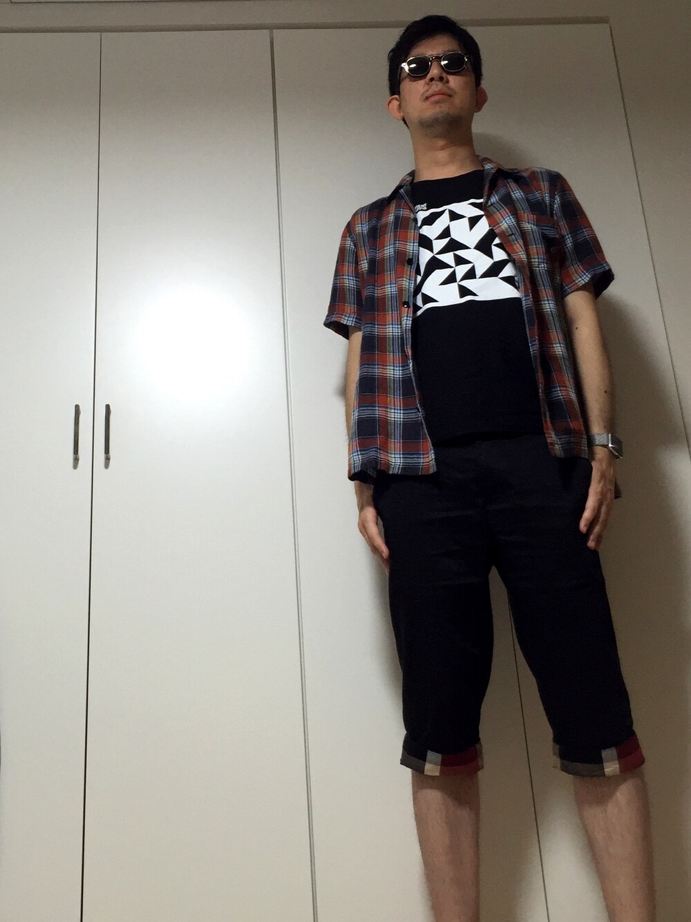 「夏コーデ、カジュアル、Saint Laurent」｜「MOSCOTのアイテム（メガネ、ブラウン系）」を使った、ささやんさん（メンズ・180cm）の夏コーディネートの1枚目の写真