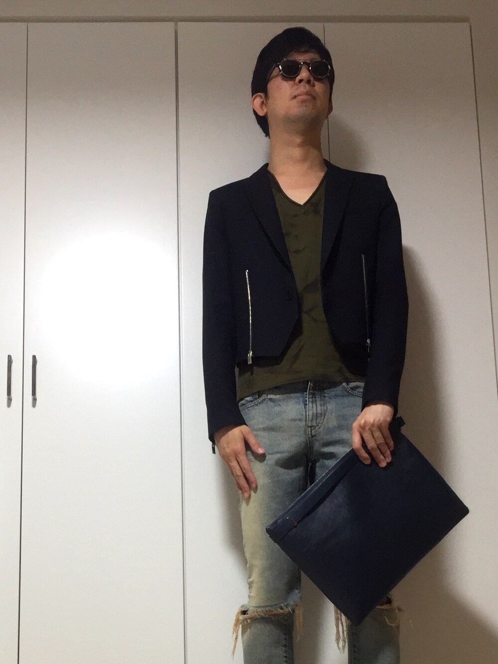 「秋コーデ、ジャケット、スキニー」｜「MOSCOTのアイテム（メガネ、ブラウン系）」を使った、ささやんさん（メンズ・180cm）の秋コーディネートの1枚目の写真