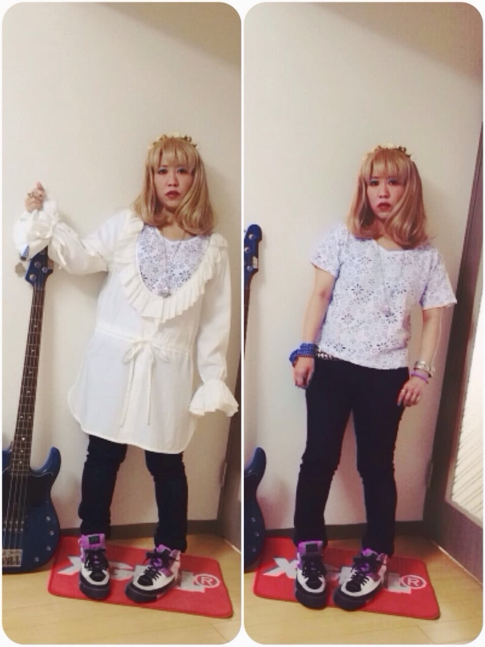 パープル系のTシャツ/カットソー、ホワイト系のシャツワンピース、パープル系のスニーカーを着用したレディースの夏コーディネートの1枚目の写真