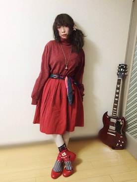 「赤コーデ」｜「アイテム（財布/小物）」を使った、ふーもさん（レディース・148cm）の冬コーディネート