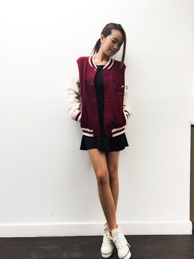 「red」｜「アイテム（ライダースジャケット）」を使った、haileycさん（レディース・158cm）の冬コーディネート