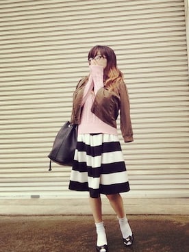 「ピクニック」｜「アイテム（ライダースジャケット）」を使った、はまち(¨)♡さん（レディース・153cm）の春コーディネート