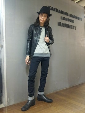「HAMNETT（ハムネット）のアイテム（ライダースジャケット）」を使った、大粒来　健明さん（メンズ・168cm）の冬コーディネート