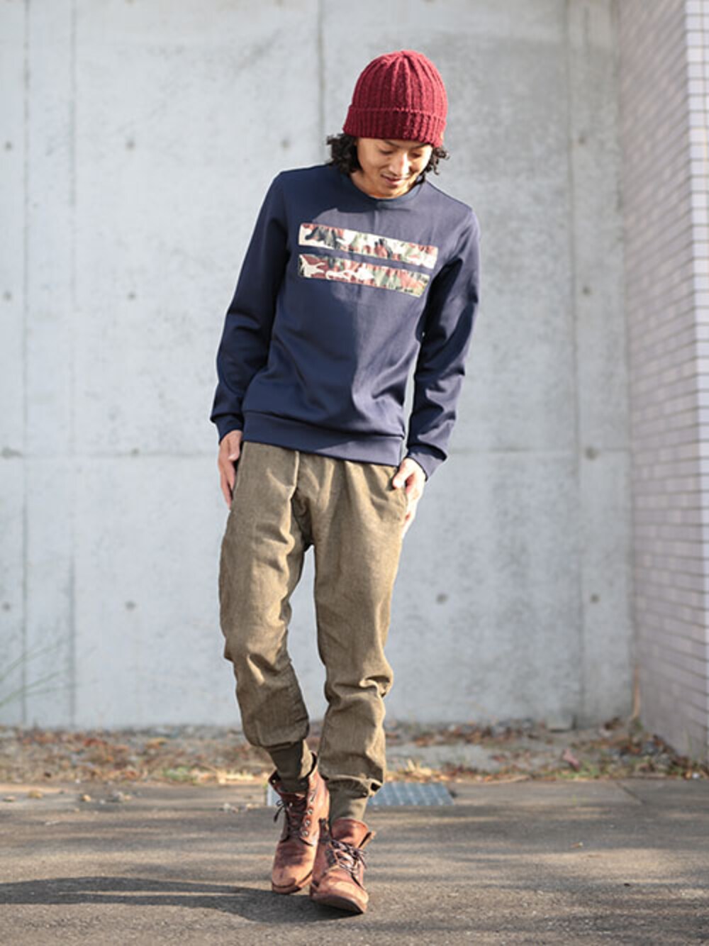 「#カモフラ、#トレーナー、 ＃迷彩、 #カモ」｜「cielB スポーツトレーナー　カモフラ（Tシャツ/カットソー、ブルー系）」を使った、ベッキーさん（メンズ・170cm）の冬コーディネートの1枚目の写真