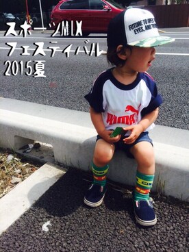 「BeBe（ベベ）のアイテム（キャップ）」を使った、haruhisa（⁘‿̑̈⁘）さん（キッズ・90cm）の夏コーディネート