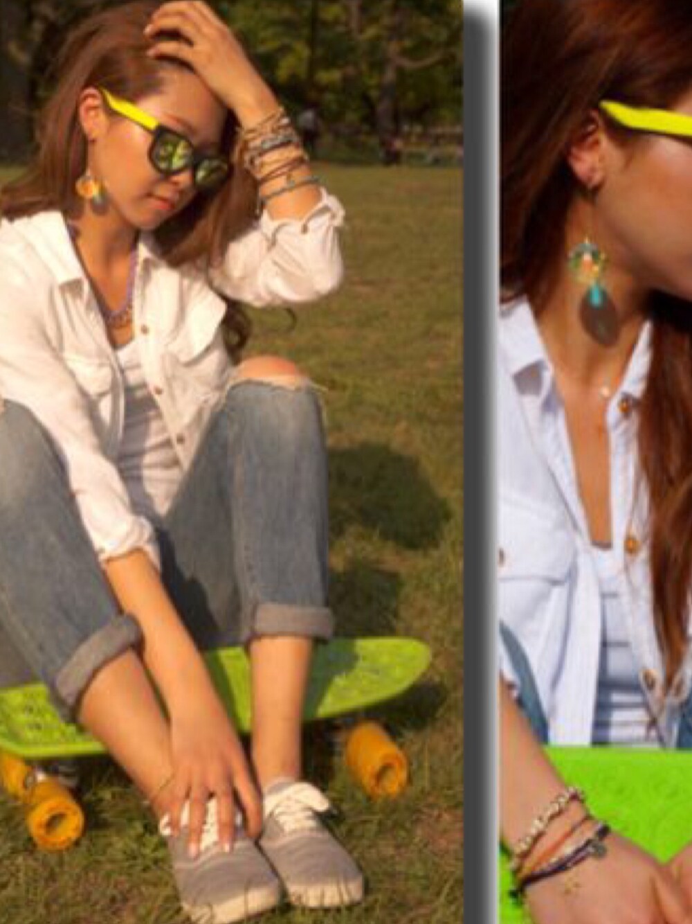 ブルー系のデニムパンツ、ホワイト系のTシャツ/カットソー、グレー系のスニーカーを着用したレディースの春コーディネートの1枚目の写真