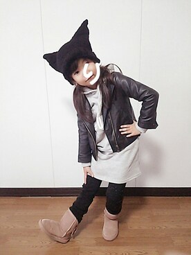 「ニット帽コーデ」｜「アイテム（ライダースジャケット）」を使った、Ahiru's*さん（レディース・151cm）の秋コーディネート