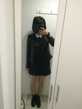 「ストライプワンピース」｜「アイテム（ライダースジャケット）」を使った、なあさん（レディース・168cm）の秋コーディネート