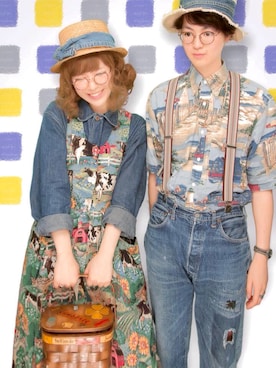 「柄シャツ」｜「アイテム（カバーオール）」を使った、ゆーみんさん（レディース・160cm）の春コーディネート