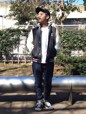 「XLARGE（エクストララージ）のアイテム（ナイロンジャケット）」を使った、石井 智大さん（メンズ・162cm）の春コーディネート