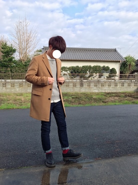 「ノーカラーシャツ」｜「アイテム（スウェット）」を使った、reeeeoさん（メンズ・170cm）の冬コーディネート