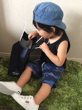 「PETIT BATEAU（プチバトー）のアイテム（キャップ）」を使った、riiiさん（キッズ・90cm）の夏コーディネート