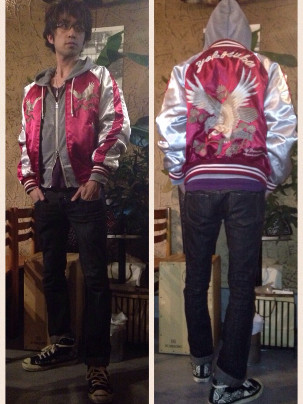 レッド系のその他アウター、グレー系のパーカー、パープル系のTシャツ/カットソーを着用したメンズの冬コーディネートの1枚目の写真