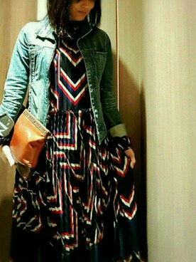 「ヴィンテージワンピース」｜「アイテム（デニムジャケット）」を使った、city-roseさん（レディース・160cm）の秋コーディネート