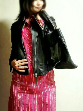 「ヴィンテージワンピース」｜「アイテム（ライダースジャケット）」を使った、city-roseさん（レディース・160cm）の秋コーディネート