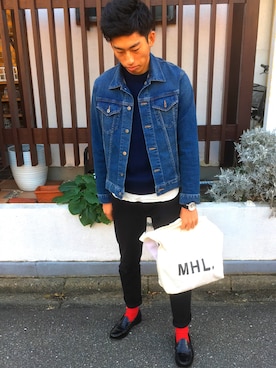 「MHL.」｜「アイテム（デニムジャケット）」を使った、げんさん（メンズ・175cm）の秋コーディネート