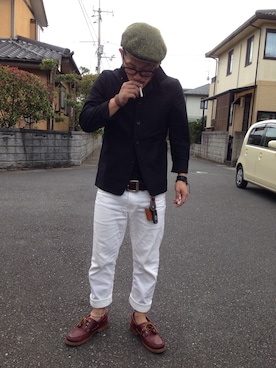 「ブラック×ホワイト」｜「アイテム（ハンチング/ベレー帽）」を使った、サルさん（メンズ・167cm）の秋コーディネート