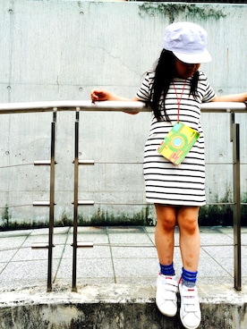 「PETIT BATEAU（プチバトー）のアイテム（キャップ）」を使った、Qooさん（キッズ・110cm）の春コーディネート