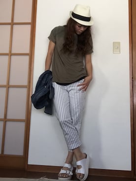 「ベルトサンダル」｜「アイテム（帽子）」を使った、あやぱんさん（レディース・155cm）の夏コーディネート
