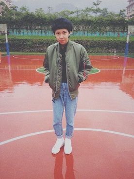 「アイテム（ナイロンジャケット、グリーン系）」を使った、盧苑呈さん（レディース・158cm）の冬コーディネート