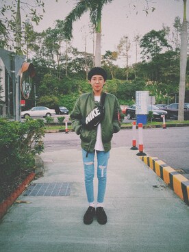 「アイテム（ナイロンジャケット、グリーン系）」を使った、盧苑呈さん（レディース・158cm）の冬コーディネート