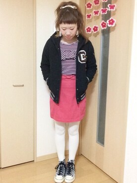 「MILKFED.」｜「アイテム（スタジャン）」を使った、M!!!ca♥︎さん（レディース・160cm）の冬コーディネート