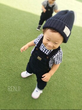 「西松屋（ニシマツヤ）のアイテム（ニットキャップ/ビーニー、ブルー系）」を使った、RENJI ★さん（キッズ・80cm）の秋コーディネート