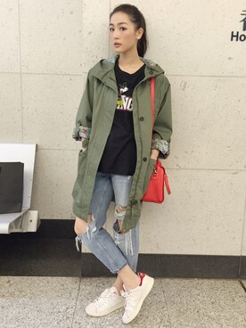 「AIGLE（エーグル）のアイテム（モッズコート）」を使った、蔡穎恩さん（レディース・163cm）の秋コーディネート