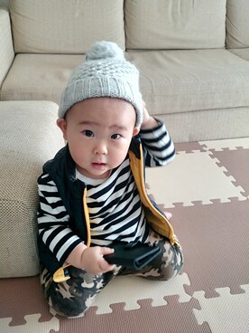 「アイテム（ママ＆ベビー、グリーン系）」を使った、akira☆harukaさん（キッズ・70cm）の冬コーディネート