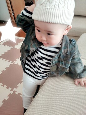 「アイテム（ミリタリージャケット、ブラウン系）」を使った、akira☆harukaさん（キッズ・70cm）の冬コーディネート