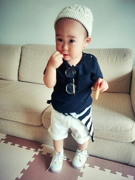 「アイテム（ロンパース、ブラック系）」を使った、akira☆harukaさん（キッズ・80cm）の春コーディネート