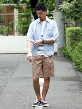 「JOURNAL STANDARD（ジャーナルスタンダード）のアイテム（その他パンツ）」を使った、永津雄人さん（メンズ・180cm）の夏コーディネート