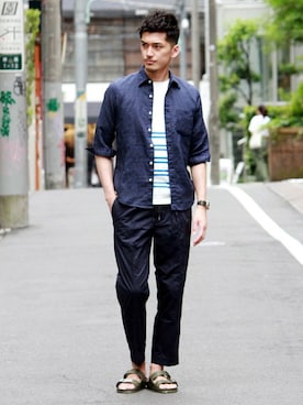 「アイテム（サンダル、グリーン系）」を使った、永津雄人さん（メンズ・180cm）の夏コーディネート