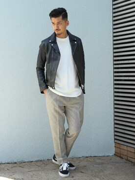 「JOURNAL STANDARD（ジャーナルスタンダード）のアイテム（ライダースジャケット）」を使った、永津雄人さん（メンズ・180cm）の秋コーディネート