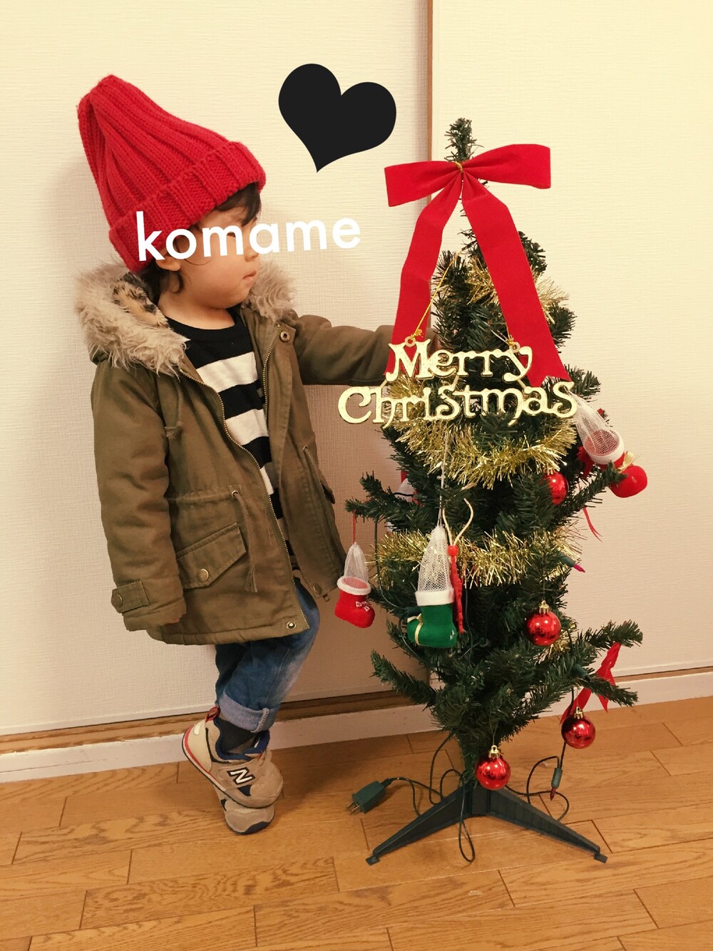 「クリスマス2014(レッド×グリーン)、クリスマス、ボーダー、モッズコート」｜「スキップランドのアイテム（モッズコート、グリーン系）」を使った、komame♡さん（キッズ・90cm）の冬コーディネートの1枚目の写真