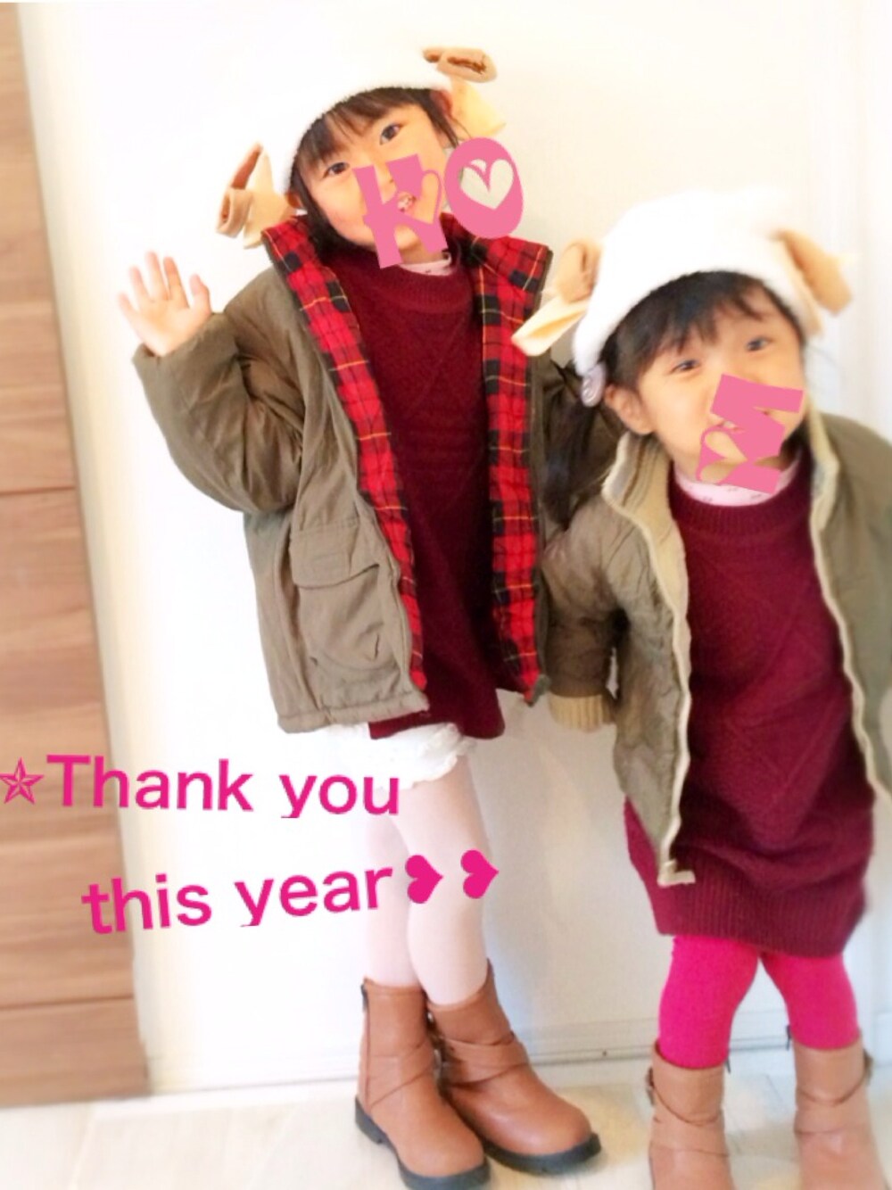 「ひつじ、ニットワンピース、バーガンディー、古着、姉妹コーデ、キッズコーデ、カーキ」｜「羊さん꒰ີᵒ̴̶̷͈́༝ॢᵒ̴̶̷͈̀ ૢ꒱ ິハンドメイドのアイテム（帽子、ベージュ系）」を使った、花さん（キッズ・110cm）の冬コーディネートの1枚目の写真