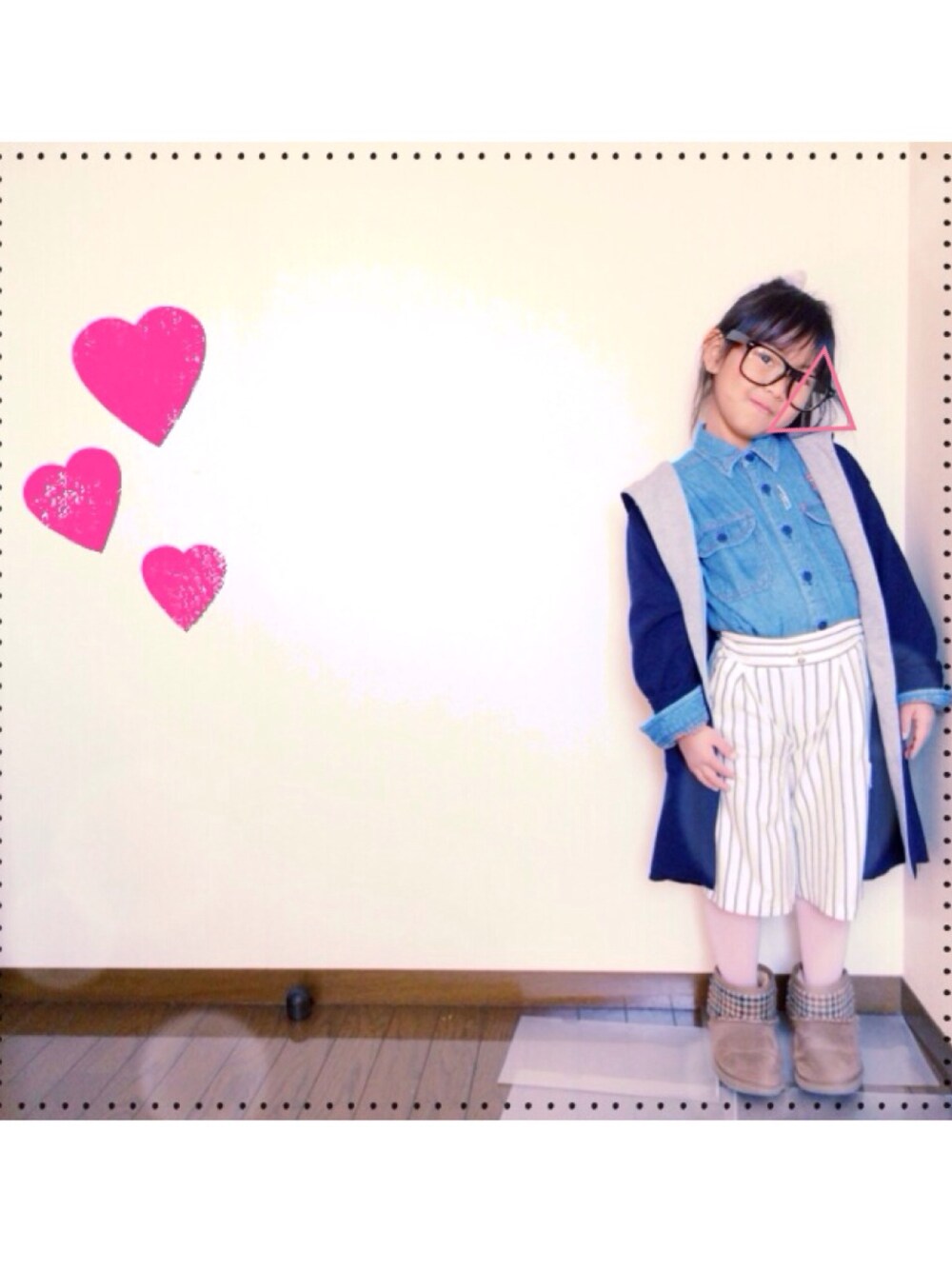 「キッズコーデ、ガウチョパンツ、デニムシャツ、しまむら、リンクコーデ」｜「しまむらのアイテム（その他アウター、ブルー系）」を使った、花さん（キッズ・110cm）の冬コーディネートの1枚目の写真