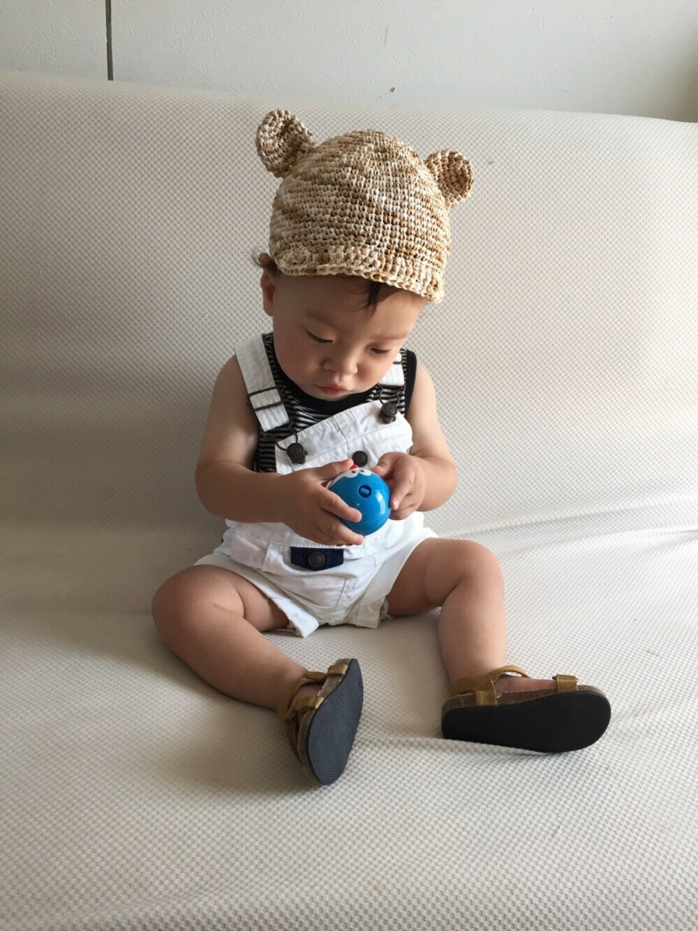 「次男坊、ベビーコーデ」｜「Handmadeの☺︎minne購入品☺︎（帽子、ベージュ系）」を使った、Nさん（キッズ・70cm）の夏コーディネートの1枚目の写真