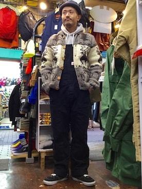 「カウチンセーター」｜「アイテム（オールインワン・サロペット）」を使った、fukushima さん（メンズ・176cm）の秋コーディネート