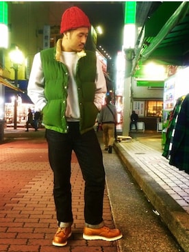 「スエット」｜「アイテム（ダウンベスト）」を使った、fukushima さん（メンズ・176cm）の冬コーディネート