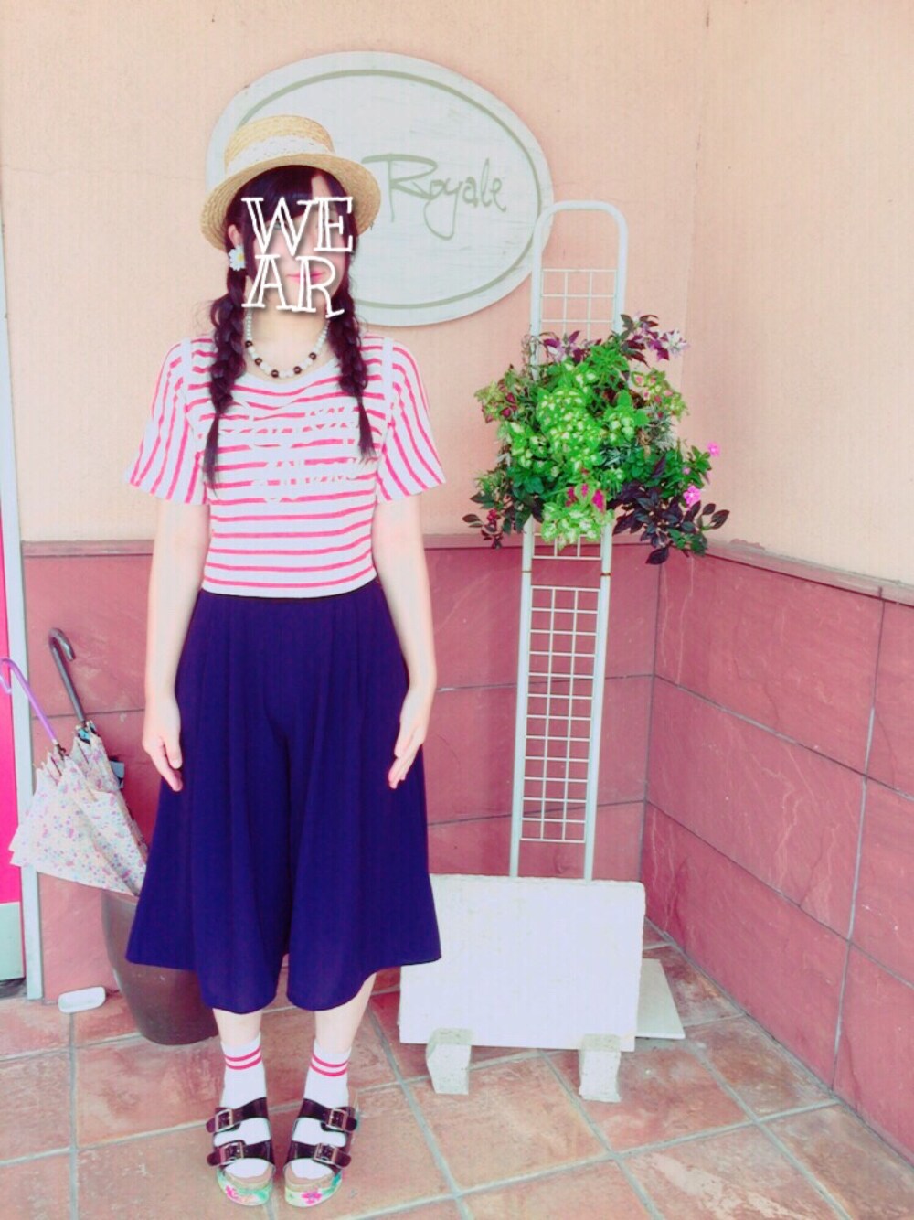 「カンカン帽、ボーダー、ガウチョパンツ、夏、ラインソックス、スポサン×靴下、GU」｜「セール品のアイテム（帽子、ベージュ系）」を使った、maimeloさん（レディース・162cm）の夏コーディネートの1枚目の写真