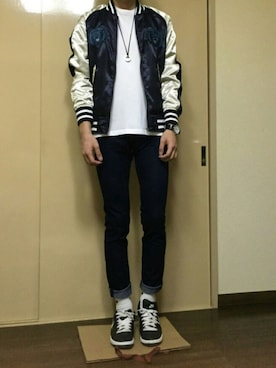 「GU（ジーユー）の（GU）スキニーフィットジーンズ（MEN ⁄ ジーンズ）」を使った、Sさん（メンズ・175cm）の秋コーディネート