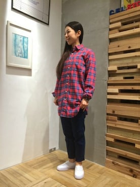 「チェックシャツワンピース」｜「アイテム（チュニック）」を使った、asakoさん（レディース・158cm）の秋コーディネート