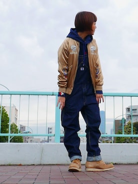 「ワークブーツ」｜「アイテム（オールインワン・サロペット）」を使った、りょうさん（レディース・159cm）の秋コーディネート